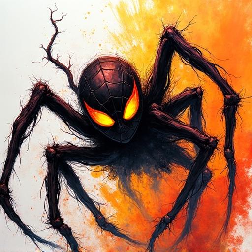 High contrast colorful sketch of a spider monster with glowing eyes. The spider appears fierce, with a dynamic angle and bold outlines. Brigh orange and black colors dominate the scene, giving a sense of action. Paper texture is visible in the artwork.
