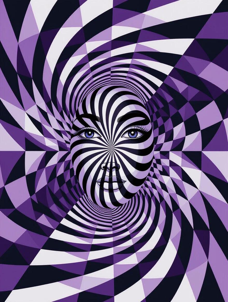 Digital art piece depicting optical illusion of a face surrounded by black and white stripes. Stripes create a swirling pattern, enhancing visual depth. Background features large purple and gray checkered patterns, contributing to symmetry and movement.