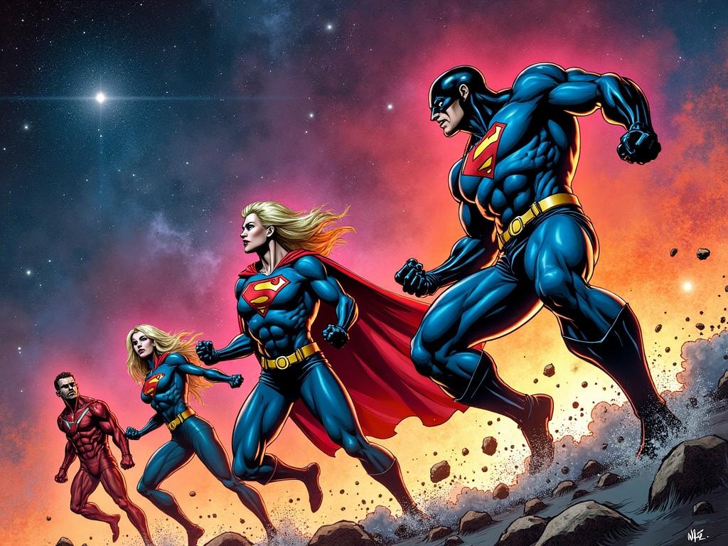 This image depicts a dynamic splash page featuring superheroes inspired by the art style of Mike Deodato Jr. The scene captures a sense of motion and power, with each character posed in a way that highlights their strength. The color palette features vibrant blue, red, and yellow tones against a cosmic backdrop. The dramatic lighting creates a sense of depth and excitement in the composition. The inclusion of iconic elements typical in superhero art enhances the overall heroic feel of the illustration.