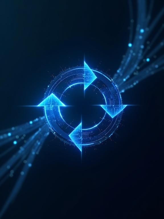 Digital image holds blue and black colors. Represents digital subscription flow. Includes circular arrows and effect. Suitable for presentation materials.