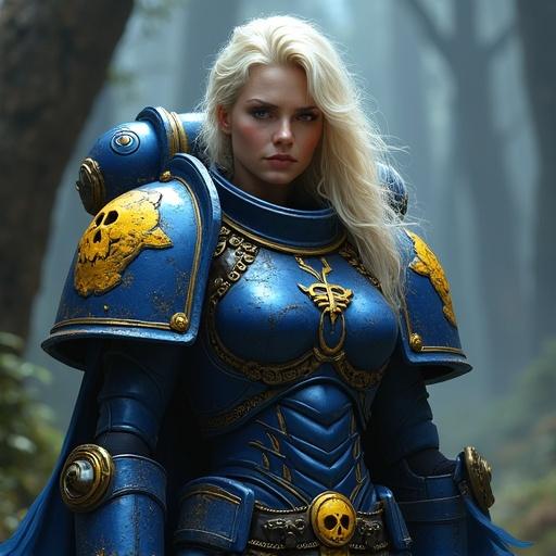 Detailed digital painting of a female Space Marine. Platinum blonde hair is long and flowing. Serious facial expression. Wears blue power armor with yellow pauldrons showing battle damage. Imperial Aquila and skull designs are visible. Holds a chainsword. Stands in a dim forest with realistic textures and dramatic lighting. Heroic warrior theme.