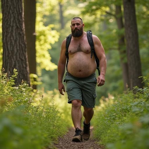 Mature man hiking in the woods during summer. He has a beard and a beer belly. Wearing shorts and standing on a trail surrounded by greenery.