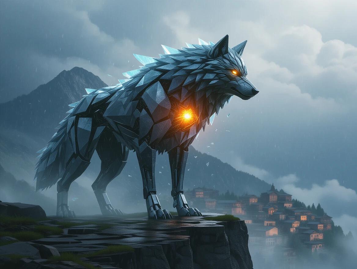 Colossal wolf made of crystal and iron with shattered glass fur. Glowing core beneath ribcage. Positioned on a cliff overlooking a mountain village. Storm clouds swirl above. Cinematic wide shot with dramatic atmosphere and misty wind. Ultra-detailed and hyperreal textures. Designed for concept art.
