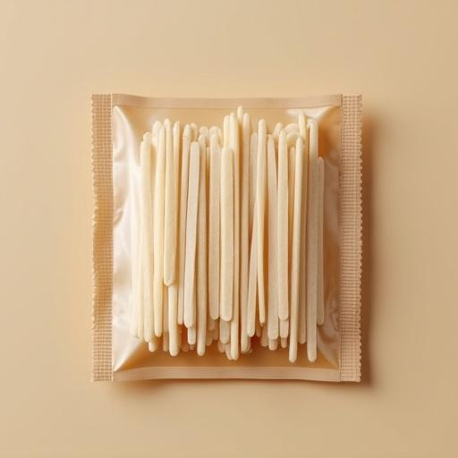 Many stick snacks are presented in a sachet. The image displays a top-down view of the sachet and its contents. Soft light enhances the colors and textures.