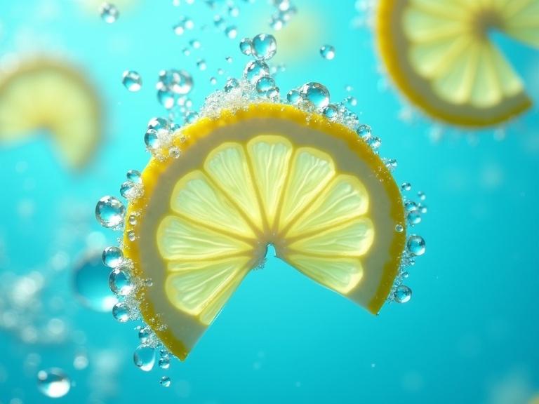Lemon slices float in vibrant blue liquid with bubbles. Camera pans from foreground to background. Bright yellow contrasts with deep blue. Motion enhances lively atmosphere.