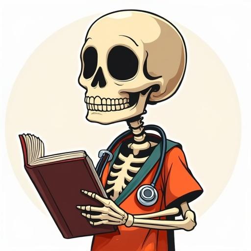 2D cartoon skeleton wearing a salakot and barong tagalog with a stethoscope around the neck and holding an anatomy textbook