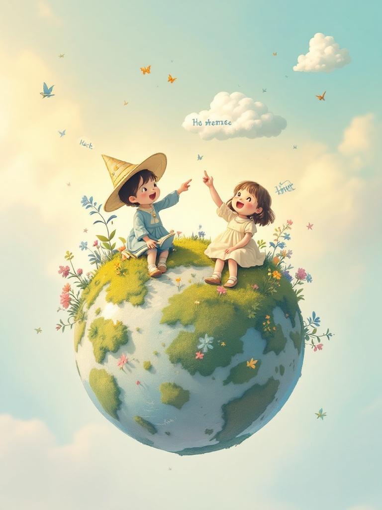 Two young children learn together on a small planet. Each child expresses joy and curiosity. The environment shows lush flowers and soft clouds. The atmosphere radiates with enchantment and dreams.