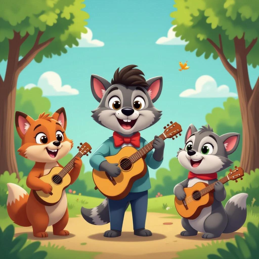 Animated scene featuring three animals playing musical instruments in a colorful forest.