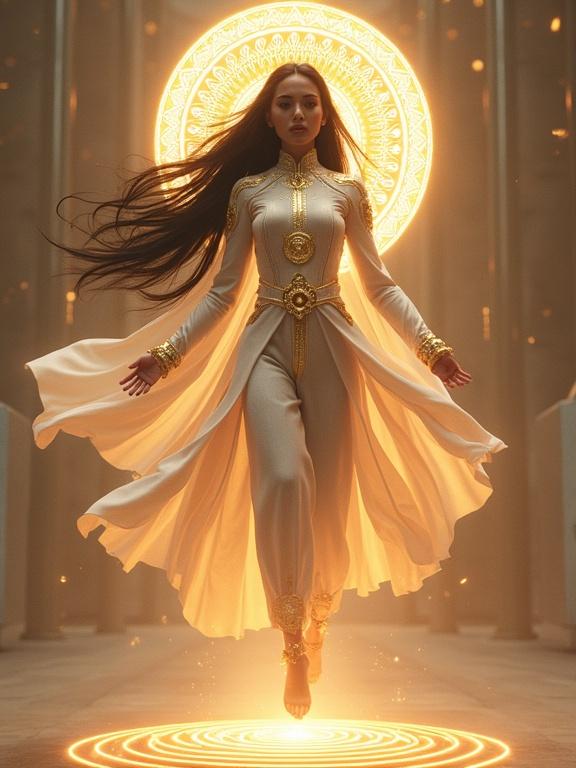 A Nepali woman with long black hair in a radiant white and gold divine suit. She floats above a glowing spiral platform. A digital mandala halo rotates around her head. Her eyes glow softly as she channels energy through a staff.