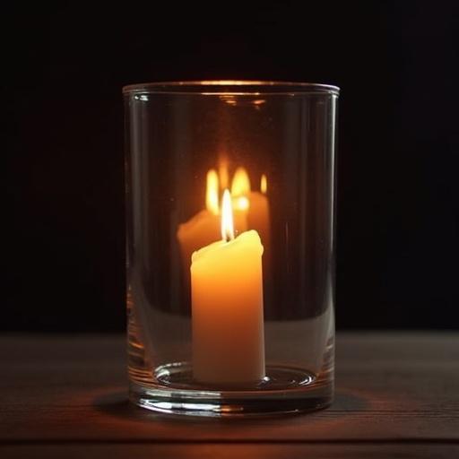 Candle placed inside glass container sealed for ambiance. Undisturbed flame creates a serene glow. Dark background enhances the light. Perfect for home decor or relaxation themes.