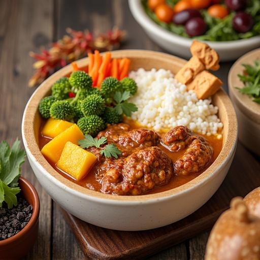 Bowl of vibrant vegetable curry on a wooden table. Ingredients include carrots broccoli and yellow vegetables. Side dishes include couscous and garnishes. Natural light enhances the food's appeal.