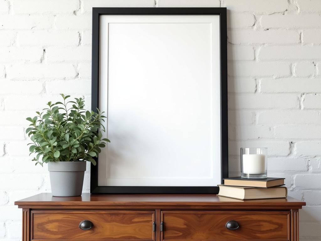 A vintage chest of drawers sits against a white brick wall. On top of the dresser, there is a large black-framed poster frame that is currently empty, serving as a mock-up for potential designs. Next to the frame is a small potted plant that adds a touch of greenery. Additionally, there are stacked books on one side and a candle in a glass holder on top of the books. This scene is designed to inspire interior design ideas and showcases a neat, minimalist aesthetic.