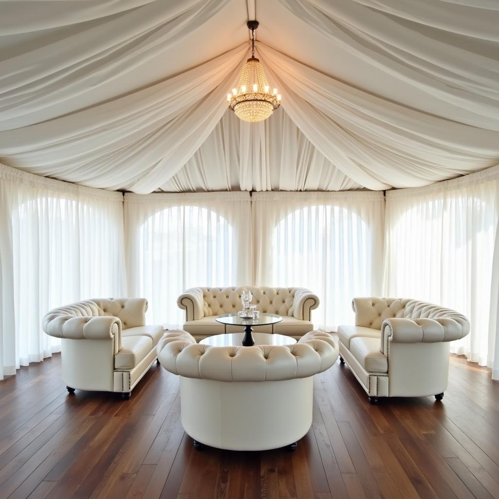 A spacious tent interior featuring a white ceiling drape. Highboy cocktail tables are arranged with white leather furniture. The seating area consists of circular sofas and a round coffee table, illuminated by a chandelier.