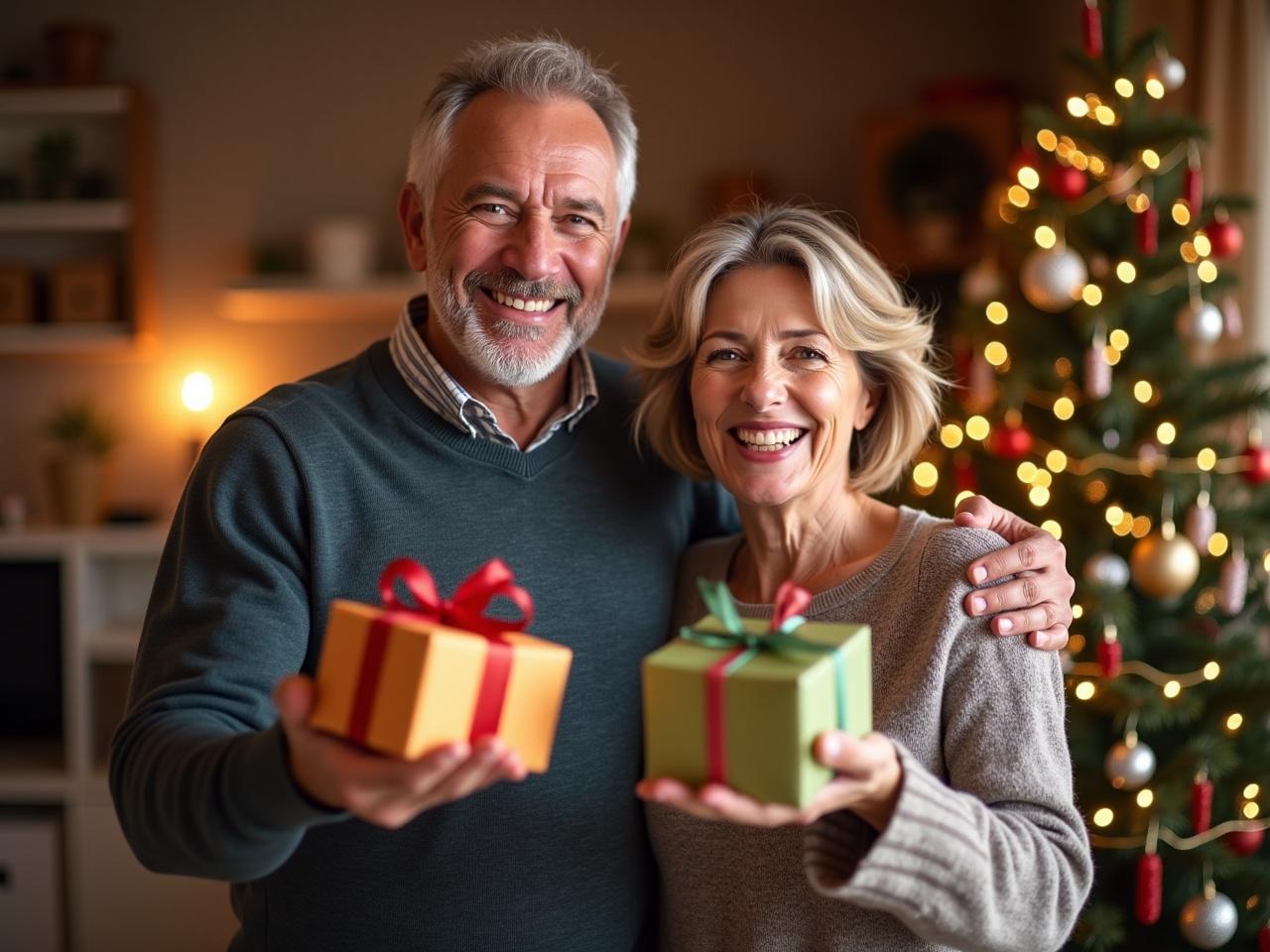 A middle-aged couple is standing in a cozy room, both smiling warmly. The man and woman are offering Christmas presents, holding colorful gift boxes in their hands, which are stretched forward in an inviting gesture. Their faces are turned towards the viewer, exuding joy and happiness. Behind them, a beautifully decorated Christmas tree glimmers with lights, adding to the festive atmosphere. The room is adorned with warm interior decor, creating a sense of nostalgia and love. The overall mood is filled with warmth, joy, and the spirit of giving.