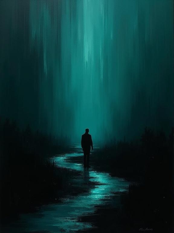 Digital oil painting with dark teal color theme. Features a minimal silhouette of a person walking down a winding path. Background consists of formless shifting voids of color. Paint strokes appear harsh and unfinished. The style is minimalist, creating a mysterious atmosphere.