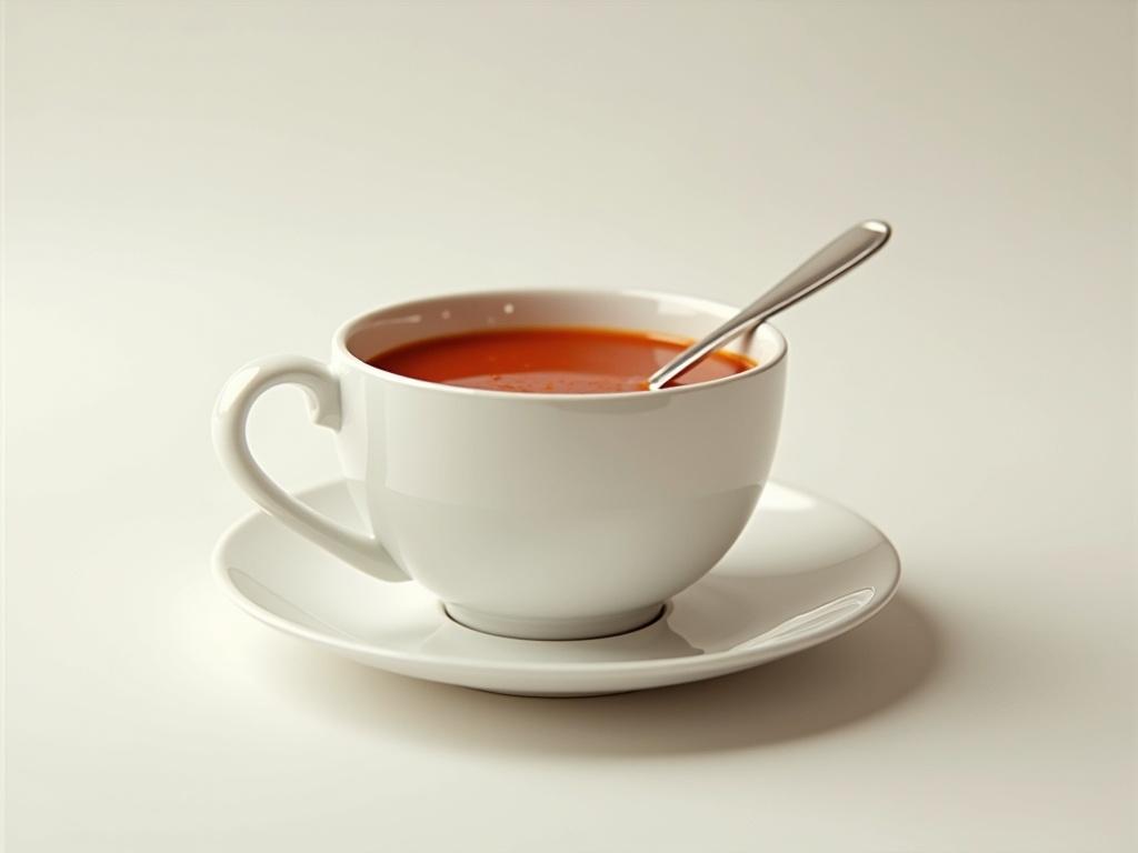 Cup of soup designed in minimalism. Photorealistic style. Includes a silver spoon on the side. Soft lighting with a focus on the soup inside the cup.