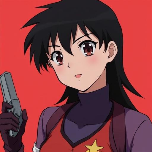Character from an anime series standing against a red background. She has dark hair; a serious expression; wearing a dark outfit with a red accent; holding a gun.