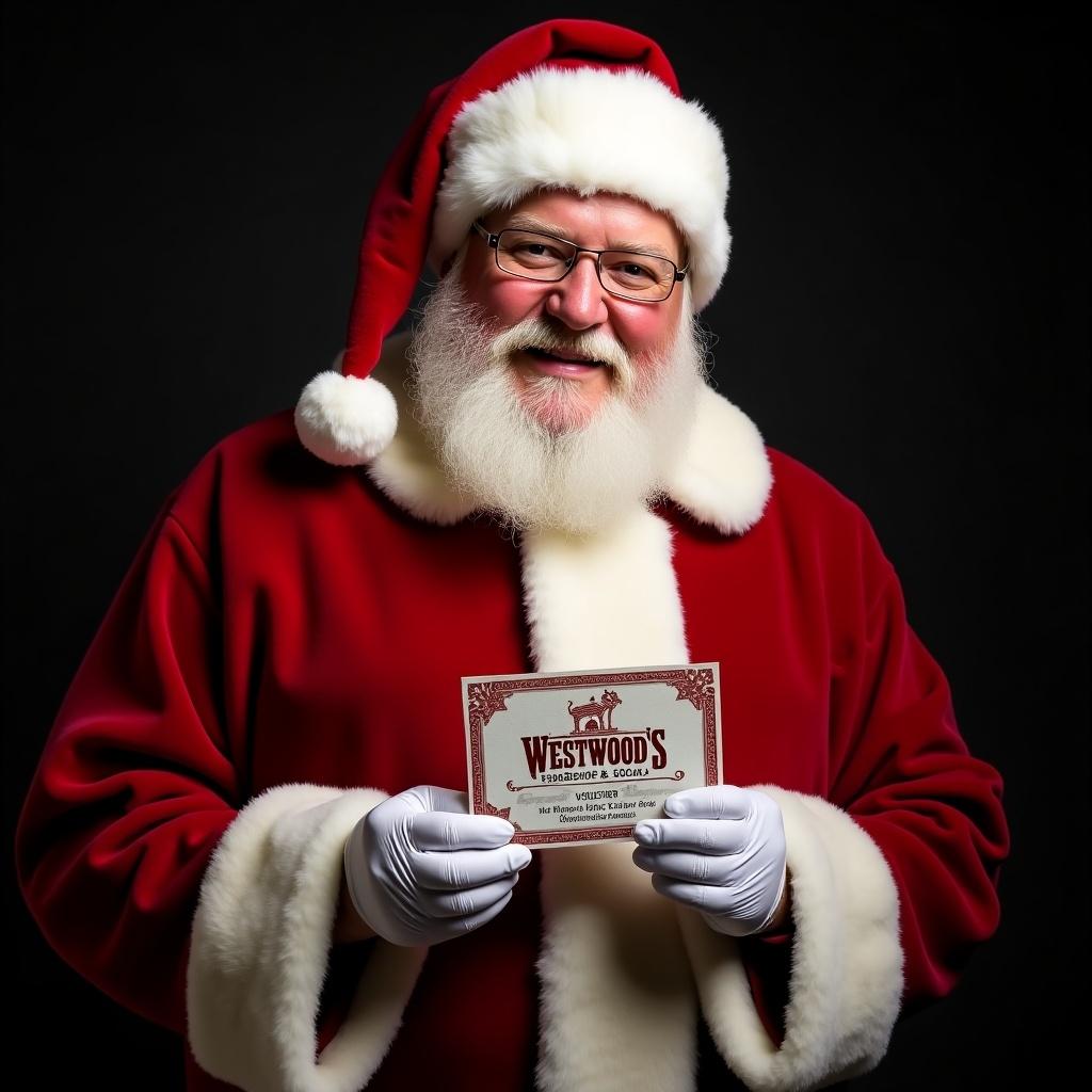 Image of Santa Claus in traditional red suit holding a gift voucher from Westwood's Barbershop & Social. Jolly expression reflects warmth and holiday cheer. Dark background enhances light effect. Captures Christmas magic and joy.