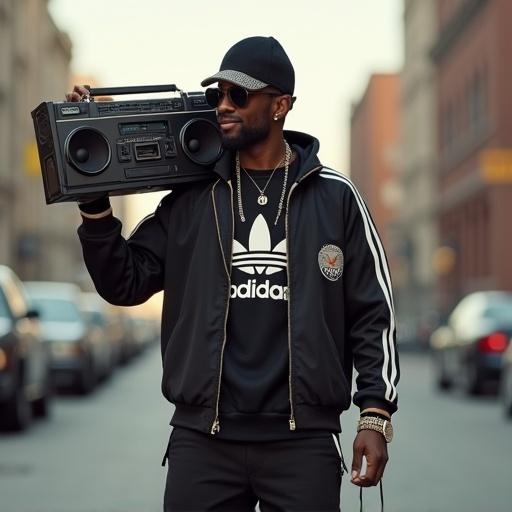 An individual wearing a Kangol hat and an Adidas outfit. Bling-bling jewelry. Carrying a boombox on their shoulder. Happily listening to hip hop music. Urban 80s city backdrop. Hyper-detailed focus on the outfit and boombox.