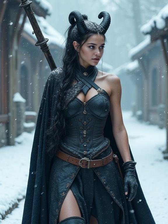 A young devil woman walks through a snowy medieval village. She has a long black ponytail and curled black horns. Her skin is deep blue and her eyes are golden. She wears a sleeveless corset dress with a split skirt and traveling boots. A heavy black cape covers her back. She carries a long lance wrapped in thick black cloth. Snow falls around her as she moves.