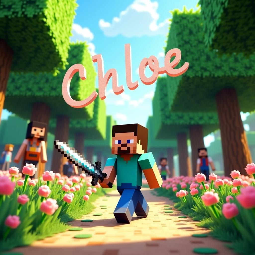 Vibrant scene with the name Chloe in beautiful letters, A pixelated character holding a shimmering sword walks through a flower-filled pathway, Lush green trees frame a picturesque environment, Cheerful onlookers stroll by