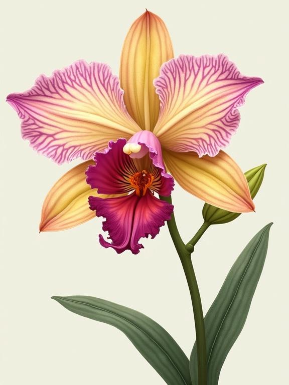 A single orchid illustrated in a realistic style. The orchid has vibrant colors with pink and purple accents. The flower exhibits detailed petal textures. A green stem and leaves complement the flower.