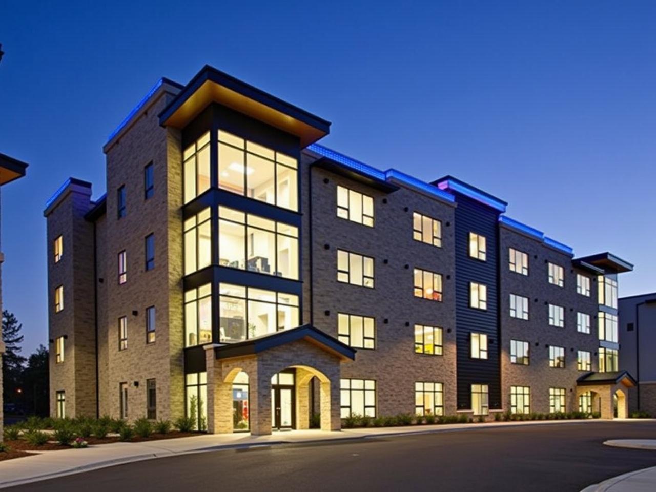 The image shows a modern multi-story building with a mix of architectural styles. The facade features large windows that let in plenty of light and are organized symmetrically across the front. There's a distinct entrance with an archway, which adds a touch of elegance to the design. The building is adorned with a combination of metal and stone materials, giving it a sleek yet sturdy appearance. It is well-lit, creating a welcoming atmosphere, especially as dusk approaches. The overall color palette includes natural tones, complemented by blue accents on the roof.