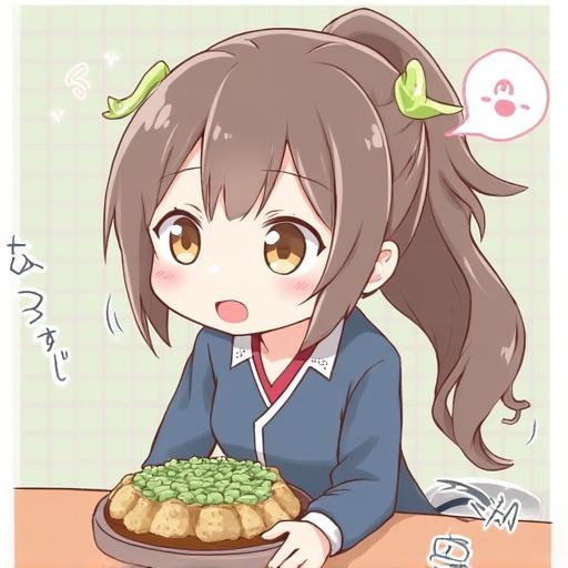 Anime character happily eating a meal with decorations on the head. The scene shows a cozy setting with a focus on the food.