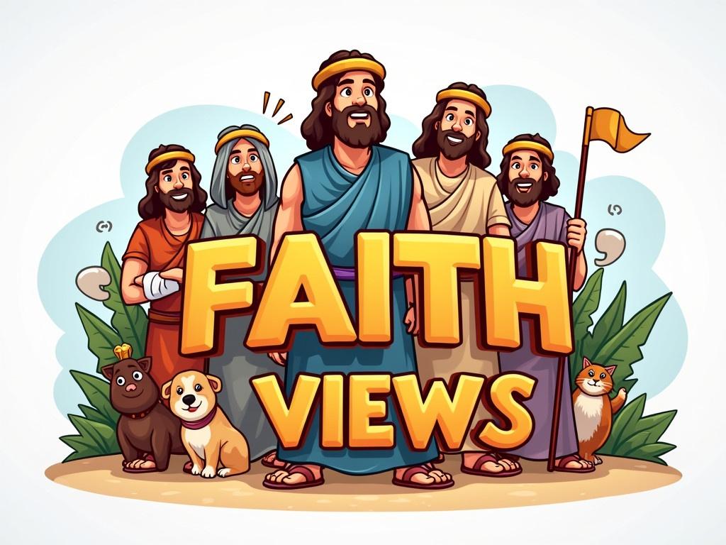 Create a cheerful hyper-realistic logo for a YouTube channel titled 'The Faith Views'. The design should reflect themes from ancient Bible times. Incorporate cartoon characters and imagery associated with the Bible in a playful manner. Position the text prominently to ensure it stands out against the background. Use vibrant colors and engaging elements to attract viewers' attention and convey a positive atmosphere.