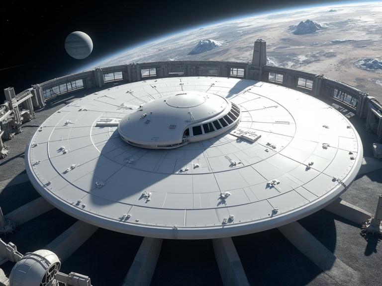 Large-scale smooth white circular UFO base ship. Located in a docking bay. Visible planet in the background. Detailed hull texture with sleek curvy lines. Shadows and realism highlighted. 4k quality image.