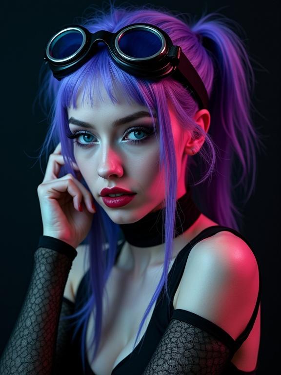Portrait of a woman in a cyberpunk aesthetic. Features long purple and blue hair with goggles. Her makeup includes sharp eyeliner and bold lipstick. She wears a black top and fishnet sleeves. The background is dark. Captures a futuristic atmosphere. Focus on her face and upper body.