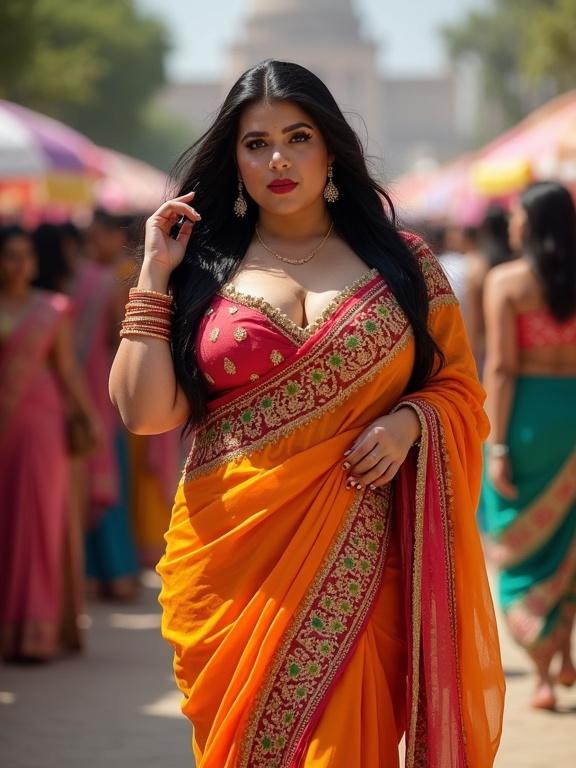Portrait of a plus size woman walking left. Long black hair styled in pig tails. Wearing a vibrant Indian bridal saree. Deep v neck showcasing her chest. Curves highlighted. Background with fashion show atmosphere. Bright natural lighting. Touching her hair.