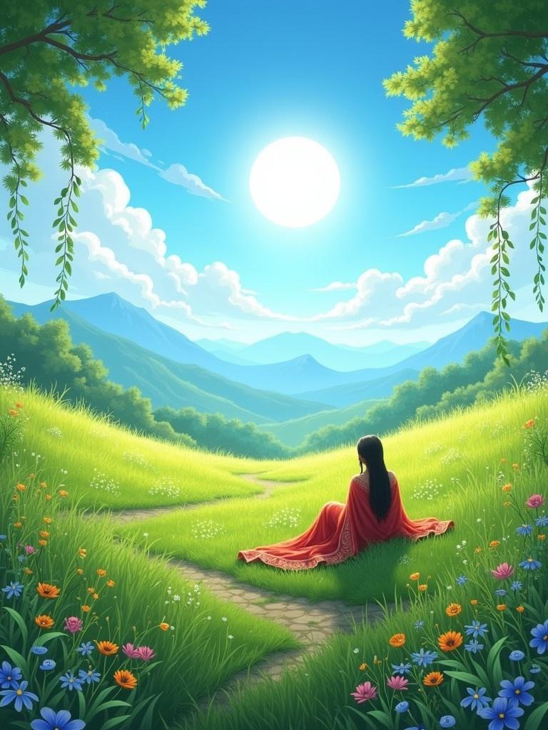 Lush green grassland scene with wildflowers. Bright blue sky with the sun shining. Distant mountains visible. Pathway weaving through the grass. Radha Rani sitting peacefully on the grass. Flowers and leaves hanging from trees.