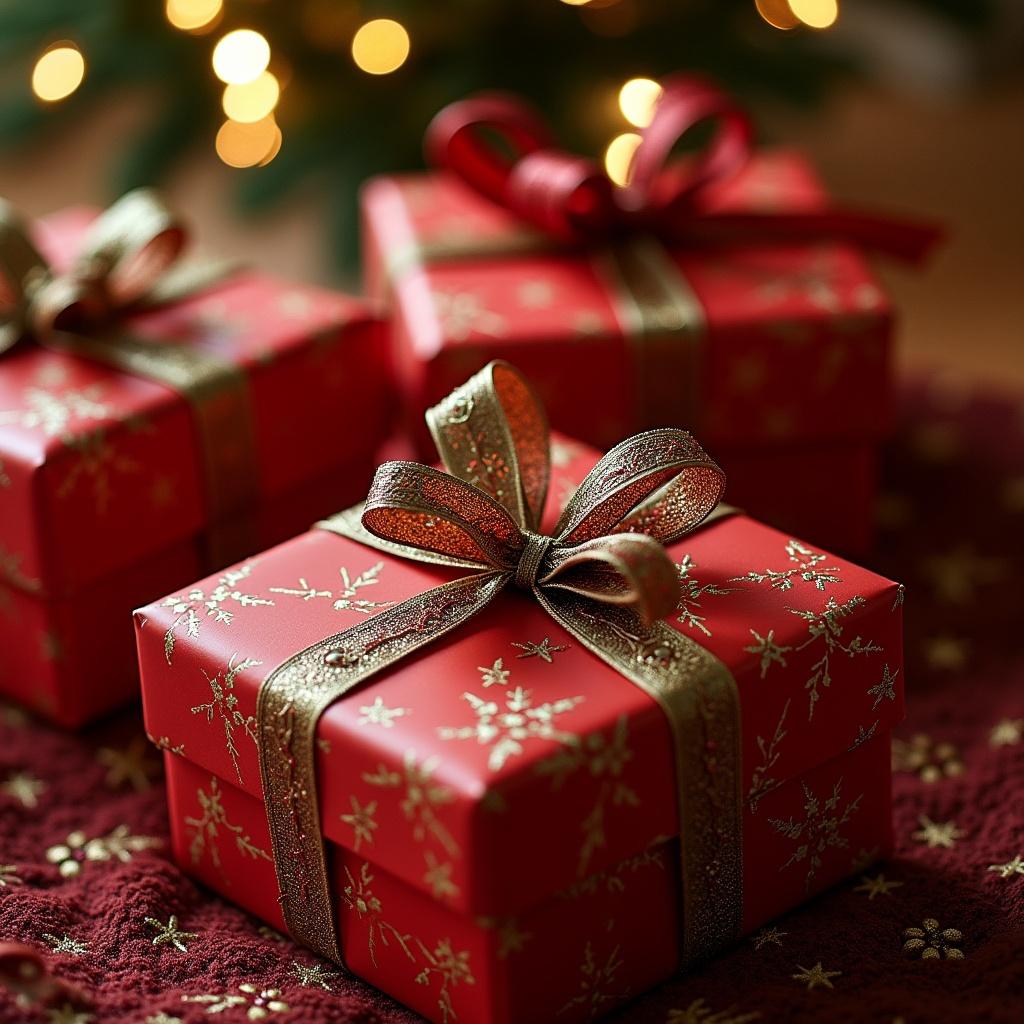 The image showcases a few beautifully wrapped Christmas presents. The presents are predominantly red with intricate patterns and elegant gold ribbons. There is a warm, festive atmosphere enhanced by softly blurred lights in the background. Each box is lovingly decorated, adding to the holiday spirit. The focus on these gifts evokes feelings of joy and anticipation, ideal for the festive season.