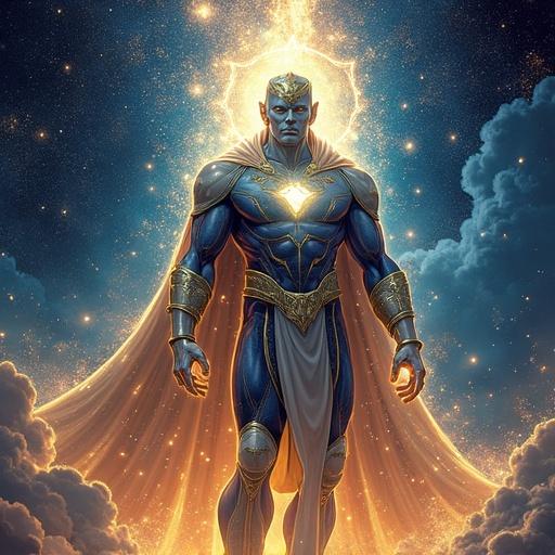 Detailed depiction of Eternity from Marvel. Vast humanoid figure composed of cosmic elements. Representation of time and space. Emphasis on intelligence and neutrality. Relationship with cosmic entities like Infinity.