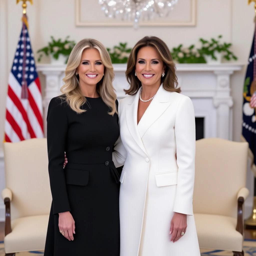 Two women in elegant dresses stand together. One woman wears a black dress and the other a white dress. The setting is luxurious with decorative elements and flags in the background. The image conveys a sense of formality and cooperation.