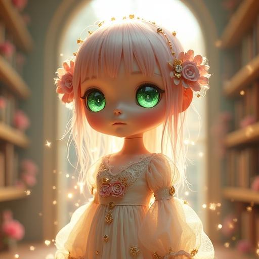 A dreamlike and adorable android girl stands in a library filled with warm light. She has a youthful face, large green eyes, and long pink hair made of optical fibers. She wears a translucent robe and delicately holds tiny books. Bookshelves are covered in softly glowing books. Natural light streams through rounded windows, creating a whimsical atmosphere.