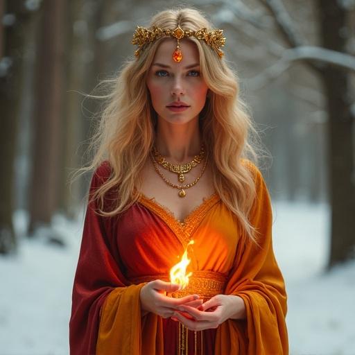 Mature female fire spirit stands facing forward. Calm loving expression. High cheekbones soft contours warm ember eyes. Flame sigil on forehead glowing red-gold. Hair flows in golden amber flames. Delicate ancient Greek-style golden tiara shaped like a hearth. Robe of platinum deep crimson silk knee-length in front long asymmetrical in back. One shoulder bare. Jewels with lantern motifs. Holds small flickering flame. Background snowy mystical forest. Majestic sacred radiant scene. Fantasy art style high resolution.