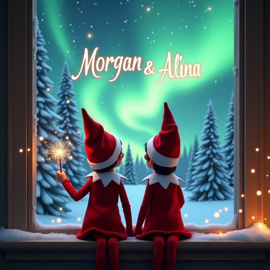 Two elf figures sit on a window ledge with their backs facing. One elf is slightly larger than the other. They create twinkling sparks with a magical wand while gazing at the northern lights. The magic spells out 'Morgan & Alina' in the sky. The background features snow-covered pine trees, evoking a festive atmosphere. Dressed in red outfits with white trim, the elves embody the spirit of Christmas. The scene glows with enchanting aurora colors.