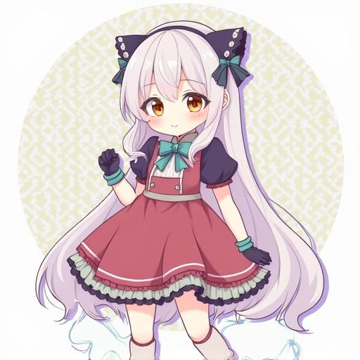 Character design of a girl with cat ears and long hair wearing a dress. Features include a soft pastel color palette and a playful style. Representation of whimsy and cuteness.