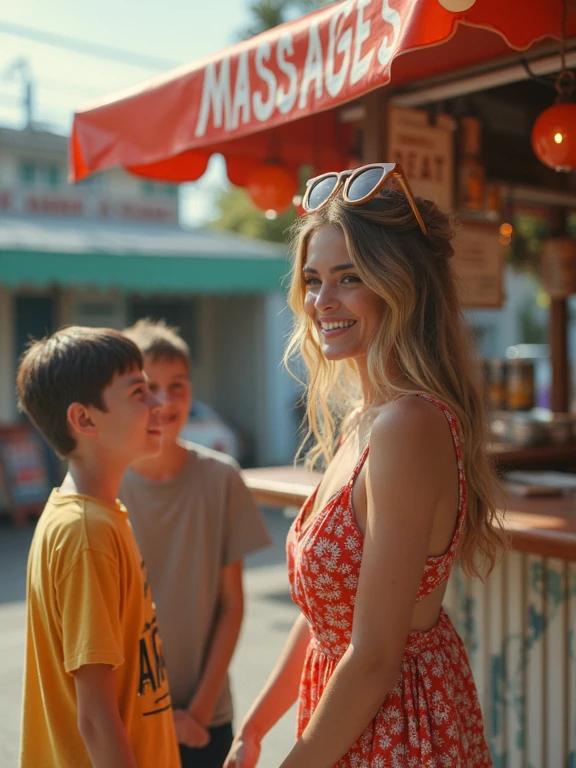 Beautiful woman wearing red sundress speaks to two boys at neighborhood stand. Stand offers massages. Vivid colors evoke summer vibe. Image is low resolution and pixelated.