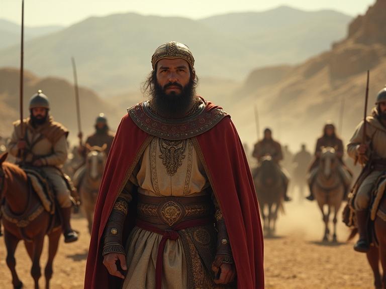 Realistic artwork depicting King Abu Abdallah the Younger leaving Cordoba with a defeated expression. The scene takes place in 1492 AD in a mountainous area. Dominant earth tones reflect the somber mood. The king is in the foreground, with soldiers in the background. Natural light is used dramatically. Midday setting creates sharp shadows.