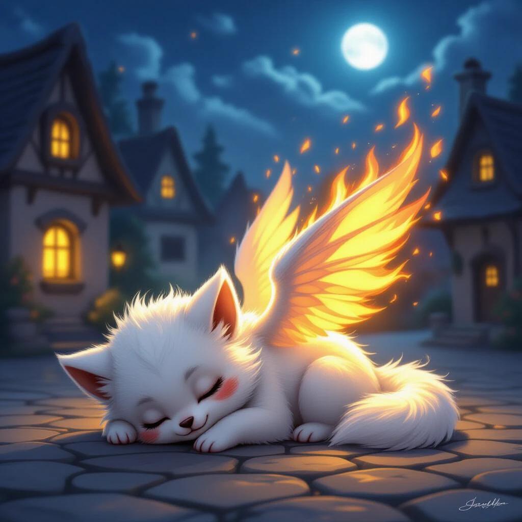 A small white-furred creature with big round eyes napping in a village square at night. Unknown to anyone, it transforms into a radiant beast of flame and wind to drive off bandits unseen. Moonlight shines over the scene, capturing the glowing transformation in a magical realism style.