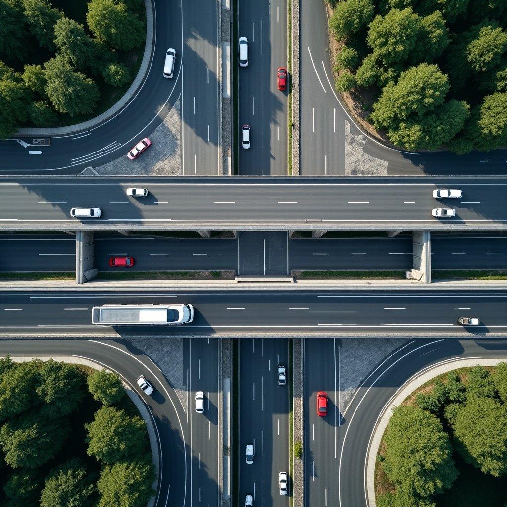 Top down view of a 4 lane highway with overpasses in an urban area. Ideal layout for heavy traffic flow.