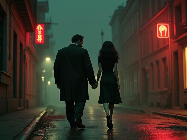 A couple holds hands walking down an empty street at night. The atmosphere is foggy with neon lights illuminating the scene. The man is in vintage 1930s clothing; the woman has long black hair and wears a fitted dress. The colors are muted, primarily red and green tones.