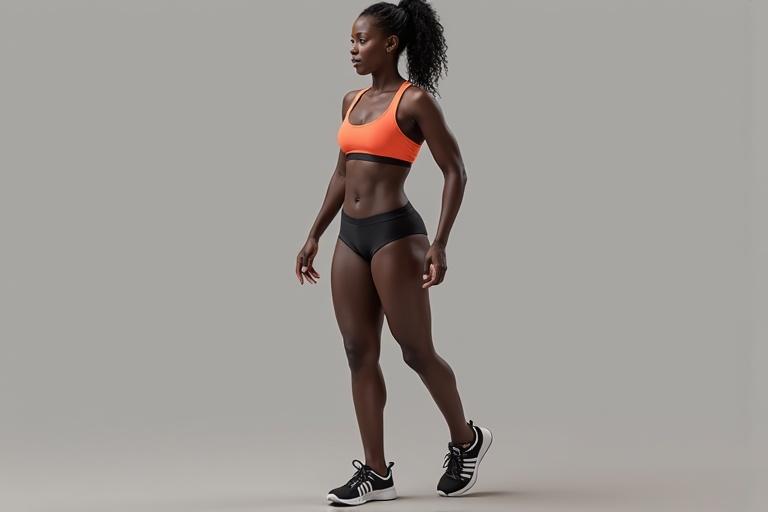 Athletic woman in workout clothes. She is slim and toned. Stands upright with a natural spinal curve. Body measurements provided for reference. Light skin tone with golden undertones. Dark brown hair in ponytail. Oval face and balanced features.