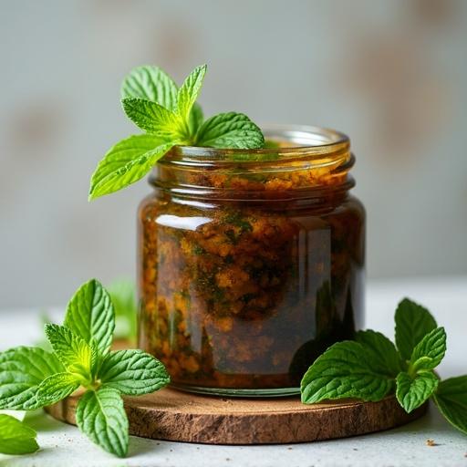 A jar filled with mint jam placed on a wooden coaster surrounded by fresh mint leaves. The scene captures the texture of the jam and the vibrant colors of mint. Soft natural lighting highlights the details.