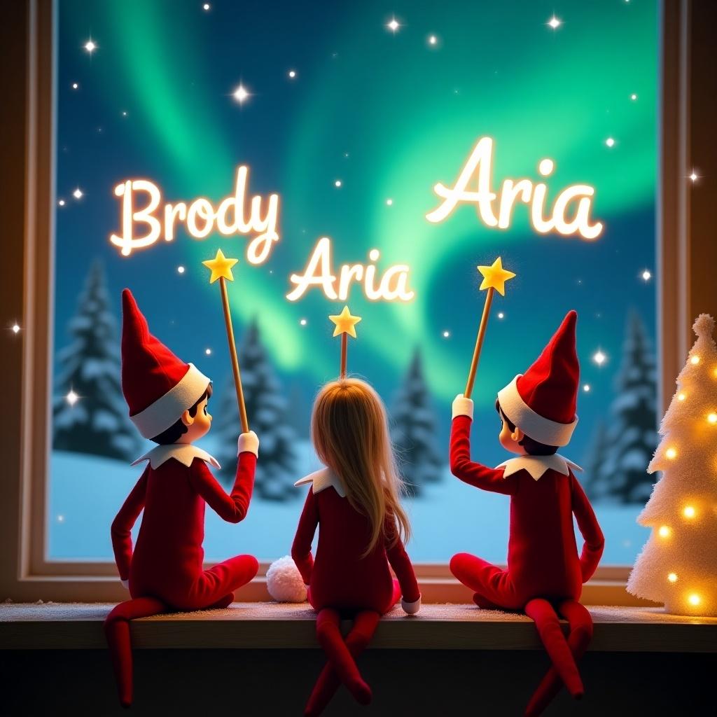 An enchanting Christmas scene featuring three elf on the shelf characters. There is one girl elf and two boy elves, all dressed in red and white. They are sitting on a window ledge, facing the sky with their backs to the viewer. Each elf is holding a magic wand and creating glowing text above them that reads 'Brody' and 'Aria'. The background features beautiful northern lights, enhancing the festive mood. The atmosphere is whimsical and captures the joy and wonder of the holiday season.