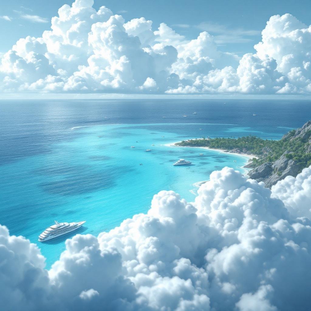 A word Quest in elegant modern style over a gorgeous Caribbean sea. Sky and sea have Tiffany light blue color. White gentle clouds dominate the scene.