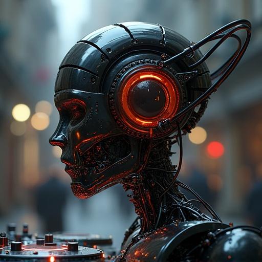DJ head designed in biomechanical style. Robot features enhanced with glowing elements. Focus on intricate details and futuristic design.